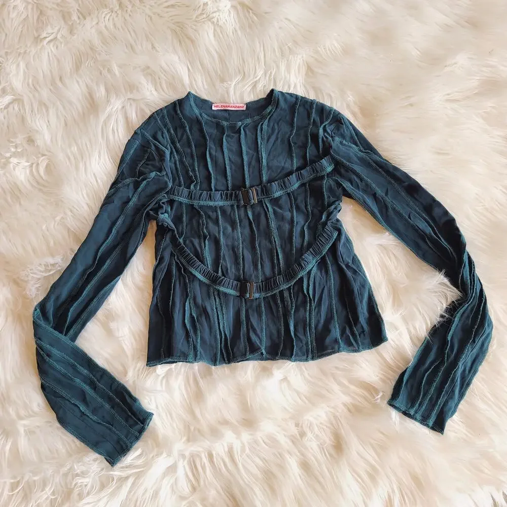 Helena Manzano Top Opening Ceremony Scuba Strap Blouse Crop Blue FW19 $520 Med - Picture 2 of 6
